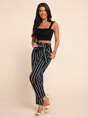 Black Striped Paperbag Waist Tie Pants with crop top